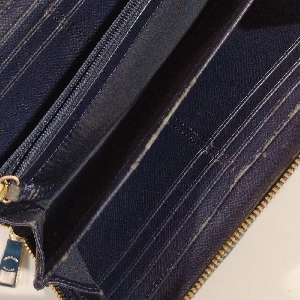 Authentic Coach Navy & Blue Crossgrain Zip-Around Wallet – Gold Logo Leather